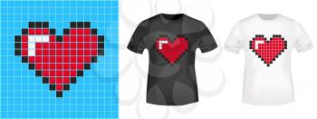 Pixel heart t-shirt print stamp for tee, t shirts applique, fashion, badge, label retro clothing, jeans, and casual wear. Vector illustration.
