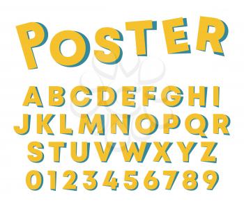 Alphabet poster design. Letters and numbers with paper shadow isolated on white background. Vector illustration.