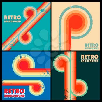 Set of vintage design backgrounds with twisted colored stripes and retro grunge texture. Vector illustration.
