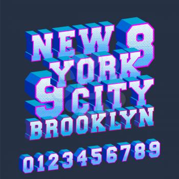 New York Brooklyn 3D design typography with numbers for t-shirt print stamp, t shirts applique, tee badge, label, clothing tag, jeans, or other printing products. Vector illustration.