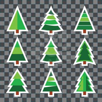 Set of Christmas tree sticker set on transparent background design for New Year or Xmas holiday invitation, greeting card, flyer, brochure cover, or other typography. Vector illustration.