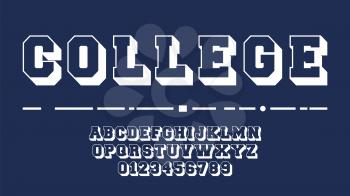 College alphabet template. Letters and numbers of varsity design. Vector illustration.