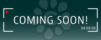 Coming soon banner template with viewfinder camera record. Vector illustration.