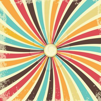 Retro grunge texture background with vintage swirly rays. Vector illustration.