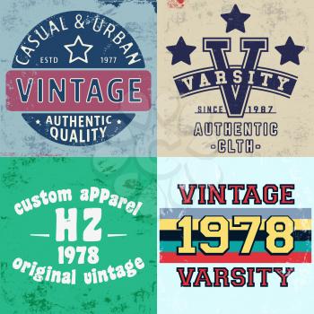 Set of vintage design print for t-shirt stamp, tee applique, fashion typography, badge, label clothing, jeans, and casual wear. Vector illustration.