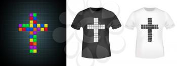 Cross brick game design for t-shirt stamp, tee print, applique, fashion symbol, badge, label clothing, jeans, and casual wear. Vector illustration.