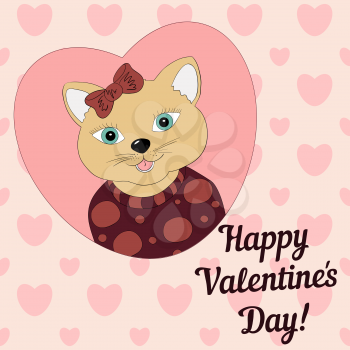 A cat with a brown bow. Print for clothing, postcards.Valentine's day