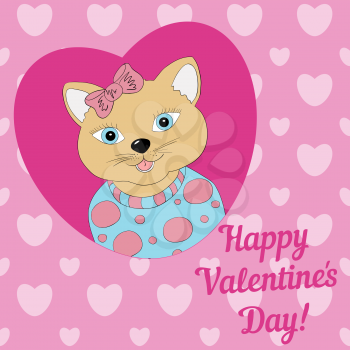 A cat with a pink bow. Print for clothing, postcards.Valentine's day