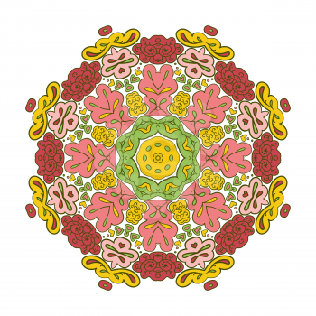 Floral lace motifs. Mandala. Zentangl relaxation. Hand drawn background. Ethnic, national image. Pink, yellow and green tones