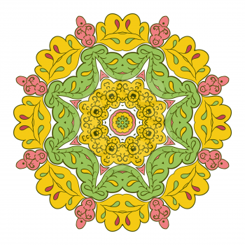 Floral lace motifs. Mandala. Zentangl relaxation. Hand drawn background. Yellow and green colors