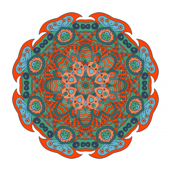 Mandala doodle drawing. Colorful floral round ornament. Ethnic solar Arabic motifs. Zentangle. Green, blue, bright orange color. Vector