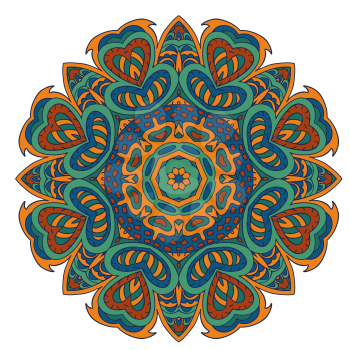 Mandala doodle drawing. Colorful round ornament. Ethnic motives. Green, blue, brown tones