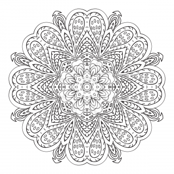 Mandala doodle drawing. floral round ornament. Ethnic motives. Zentangle Hearts, flower petals. Relaxing coloring