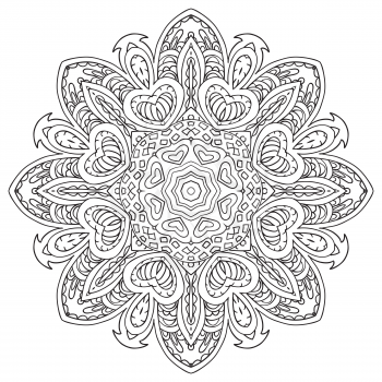Mandala doodle drawing. floral round ornament. Ethnic motives. Zentangl Hearts. Relaxing coloring