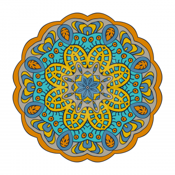 Mandala. Doodle drawing. Round ornament. Blue, gray and mustard