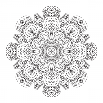 Mandala doodle drawing. round ornament. Ethnic motives. Zentangl Hearts. Relaxing coloring