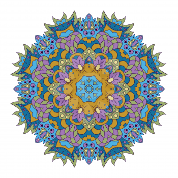 Mandala Eastern pattern. Zentangl round ornament. Blue, mustard and green colors