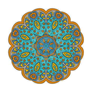 Mandala flower. Doodle drawing. Round ornament. Blue and mustard color