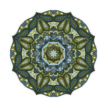 Mandala flower. Doodle drawing. Round ornament. Olive, green, and blue colors