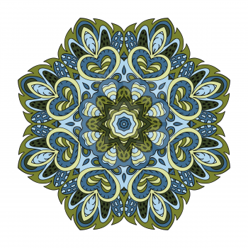 Mandala pattern zentangl. Doodle drawing. Round ornament. Olive and blue colors