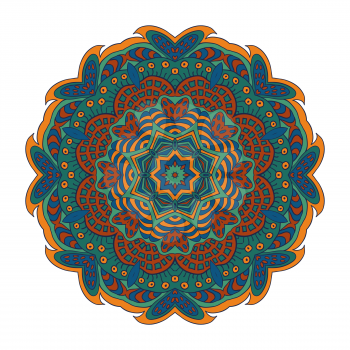Mandala zentangl. Doodle drawing. Round ornament. Blue, green and mustard colors