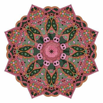 Mandala. Zentangl round ornament. Relax, meditation. Oriental pattern. Pink, green color