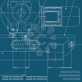 Mechanical engineering drawings on a blue background. Blueprints. Vector. Cover, background for inscriptions