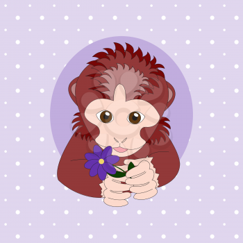 Monkey holding a purple flower. Print for cards, children's books, clothes