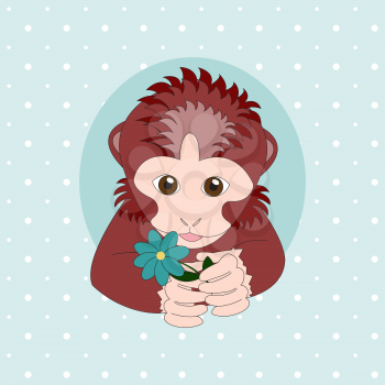 Monkey holding a turquoise flower. Print for cards, children's books, clothes