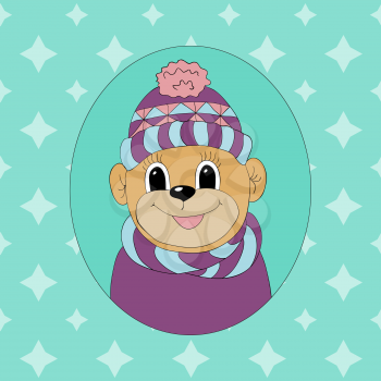 Monkey in a cap and scarf. Print for clothes, cards and children's books