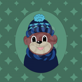 Monkey in a dark blue cap and scarf. Print for clothes, cards and children's books