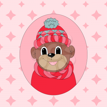 Monkey in a pink cap and scarf. Print for clothes, cards and children's books
