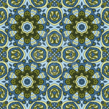 Seamless pattern doodle ornament. Colorful background. Ethnic motives. Zentangl. Green and blue tones