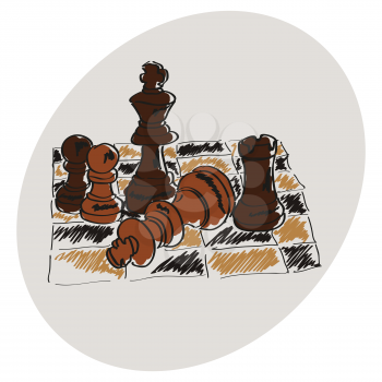 Chess on a chessboard. Brown pattern.  Doodle. Hand drawing