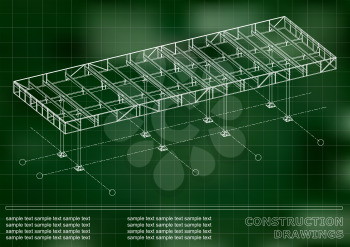 Construction drawings. 3D metal construction. Cover, green background for inscriptions. Grid
