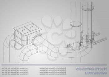 Construction drawings. 3D metal construction. Pipes, piping. Cover, White background for inscriptions. Corporate Identity. Gray