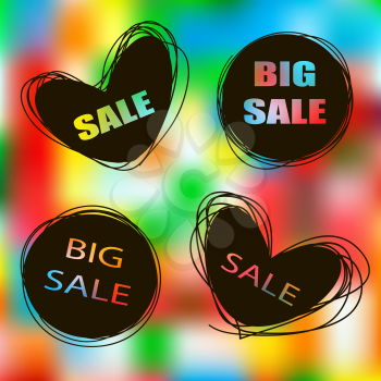 Doodle sale tags. Sale banners set. Labels for promotional products. Icons of sales Love Shopping