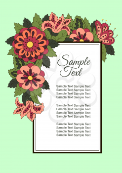 Holiday card with spring flowers. Background for inscriptions. Cover, banner. Red and green colors
