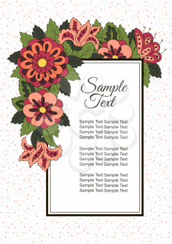 Holiday card with spring flowers. Background for inscriptions. Cover, banner. Red, cream and green colors