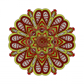 Mandala doodle drawing. Colorful floral round ornament. Ethnic motives. Zentangl Hearts. Red and green. Flower