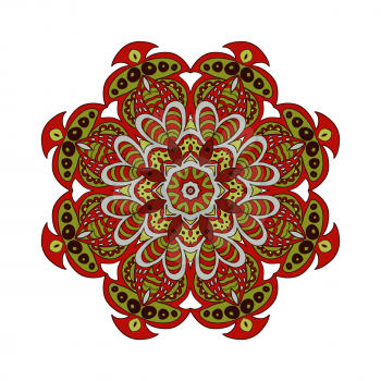 Mandala doodle drawing. Colorful floral round ornament. Ethnic solar Arabic motifs. Zentangle. Red and green, bright color
