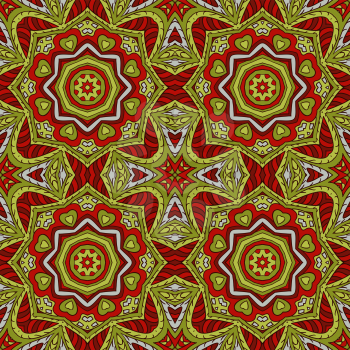 Mandala doodle drawing. Colorful floral seamless ornament. Ethnic motives. Zentangl Hearts. Red and green. Meditation