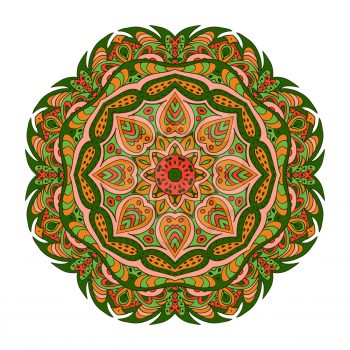 Mandala Eastern pattern. Zentangl round ornament. Green and orange colors