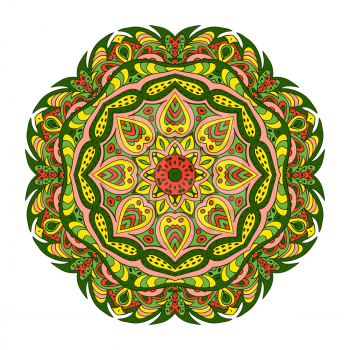 Mandala Eastern pattern. Zentangl round ornament. Green and yellow colors