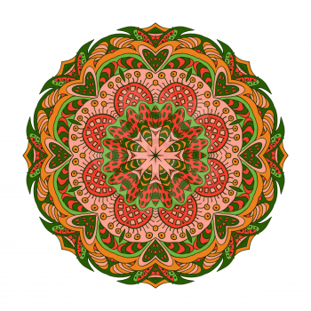 Mandala Eastern pattern. Zentangl round ornament. Orange and green tones