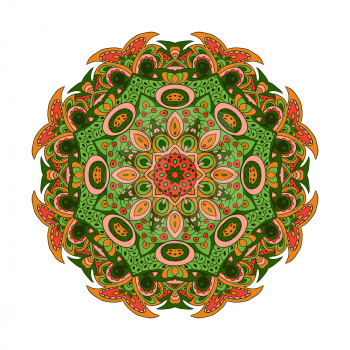 Mandala Eastern pattern. Zentangl round ornament. Orange, rose and green tones
