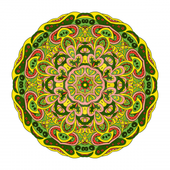Mandala Eastern pattern. Zentangl round ornament. Yellow, green and rose