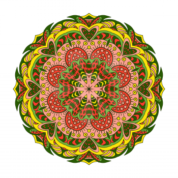 Mandala Eastern pattern. Zentangl round ornament. Yellow, rose and green tones