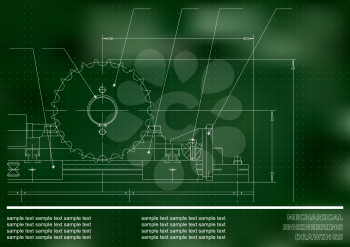 Mechanical drawings on a green and white background. Engineering illustration. Vector. Points