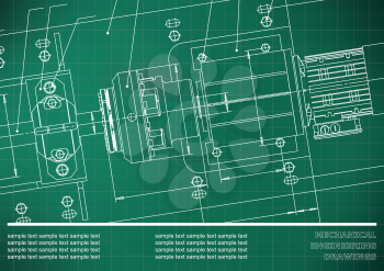 Mechanical engineering drawings on a green background. Vector. Cover, Background for inscription labels. Grid line